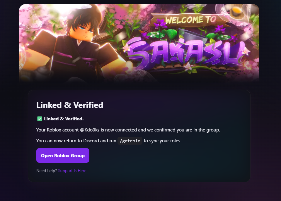 Roblox account successfully linked to the verification platform